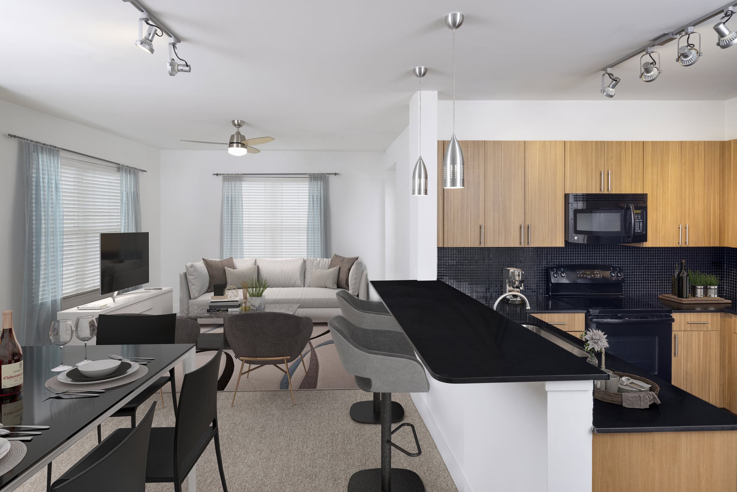 Black Granite Finish Living Room, Dining Area, and Kitchen